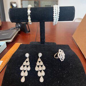 Jewelry Set of 5 Women's Silver Fashion Beads Bracelets Earrings & Ring